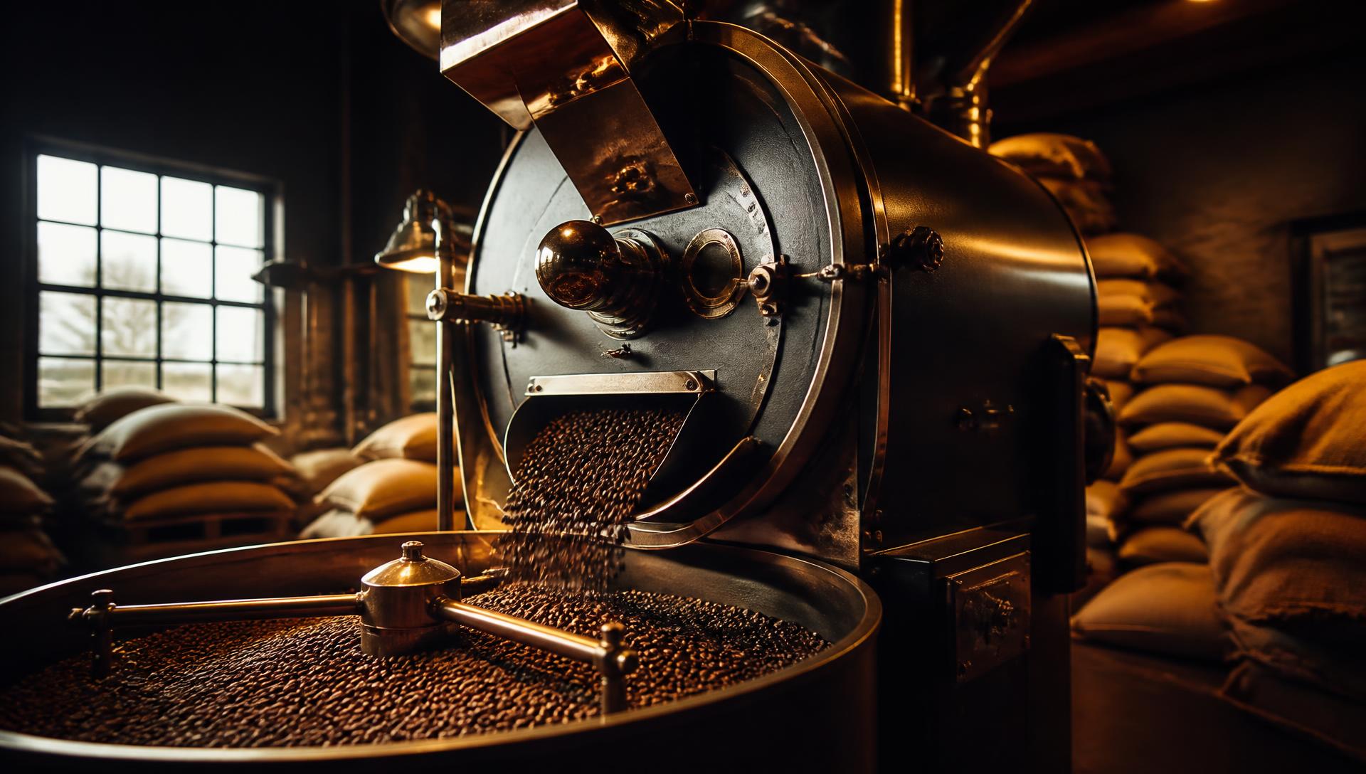 Roasted coffee beans falling into the cooling tray of a drum roaster at the Globex America roastery