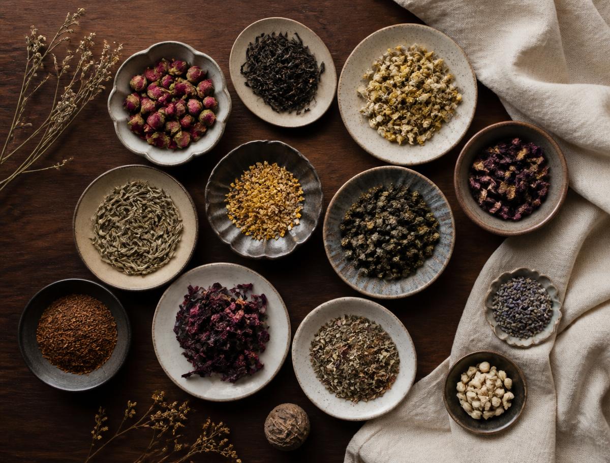 Loose-leaf teas and botanicals in ceramic dishes
